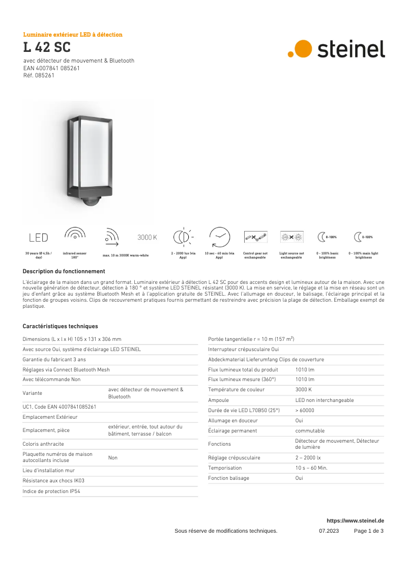 Page 1 de la notice Fiche technique Steinel L 42 SC