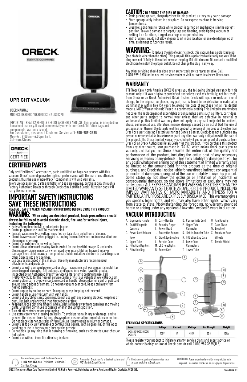 Page 1 de la notice Manuel utilisateur Oreck Elevate Command
