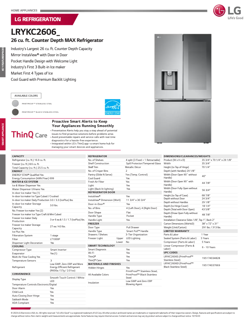 Page 1 de la notice Fiche technique LG LRYKC2606S