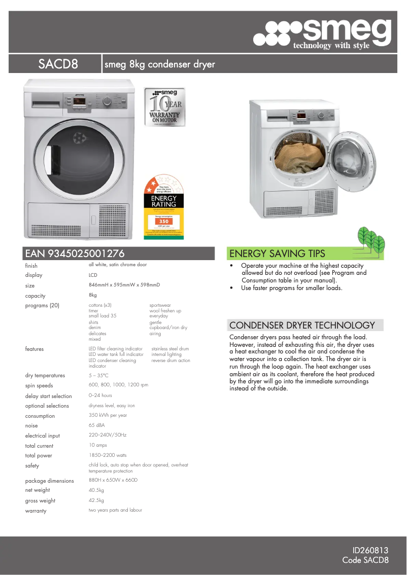 Página 1 del manual Ficha técnica Smeg SACD8