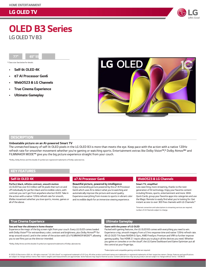 Page 1 of the manual Technical Sheet LG OLED77B3PUA