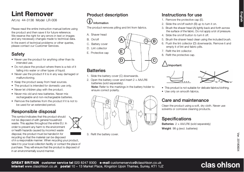 Page 1 de la notice Manuel utilisateur Clas Ohlson LR-008