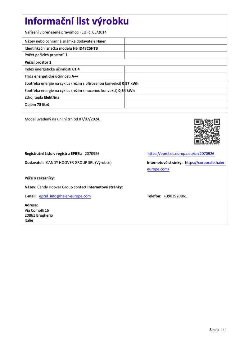 Page 1 de la notice Fiche technique Haier H6 ID48C5HTB