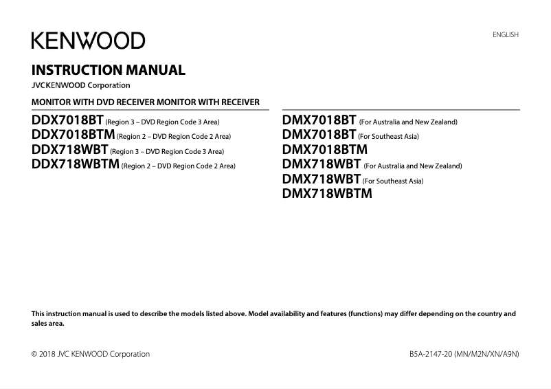 Page 1 de la notice Manuel utilisateur Kenwood DMX7018BT