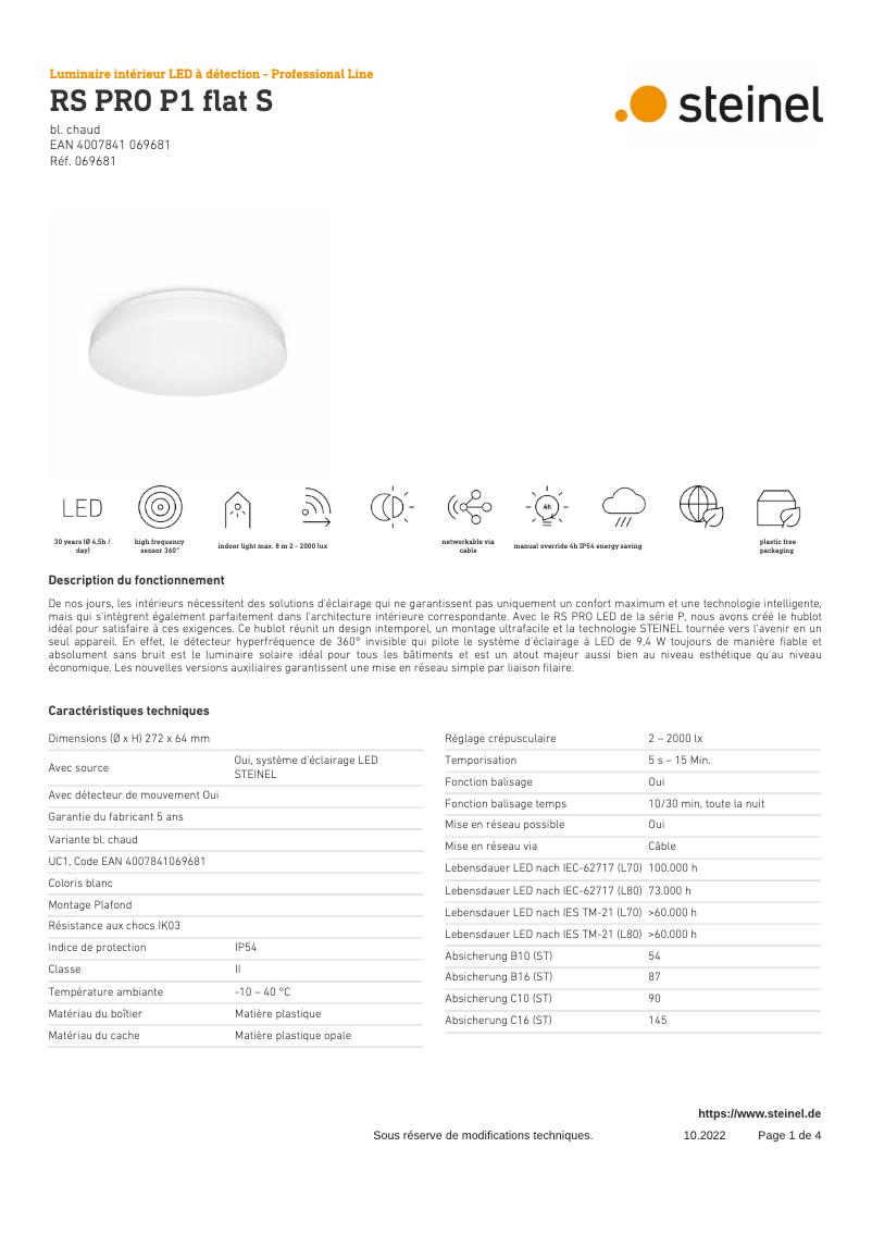Page 1 de la notice Fiche technique Steinel RS PRO P1 Flat S