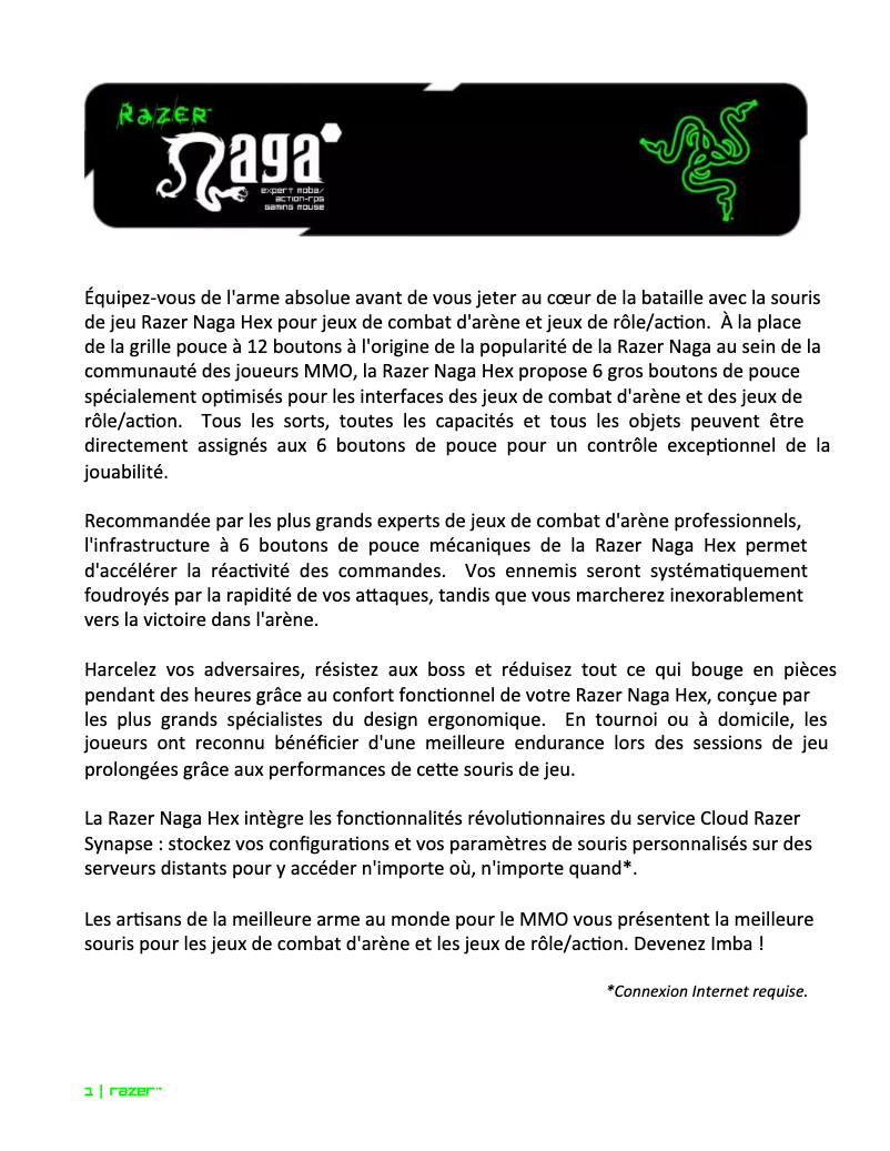 Page 1 de la notice Manuel utilisateur Razer Naga Hex