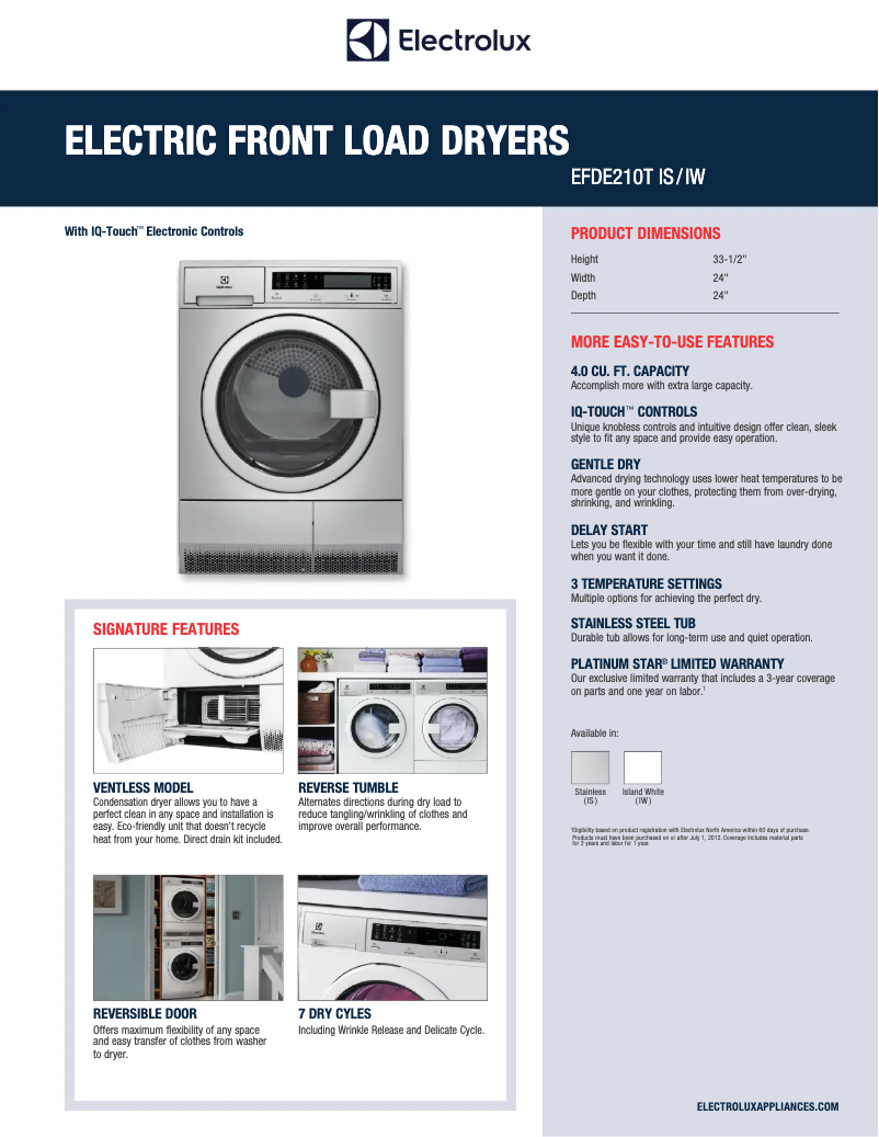 Page 1 de la notice Fiche technique Electrolux EFDE210TI