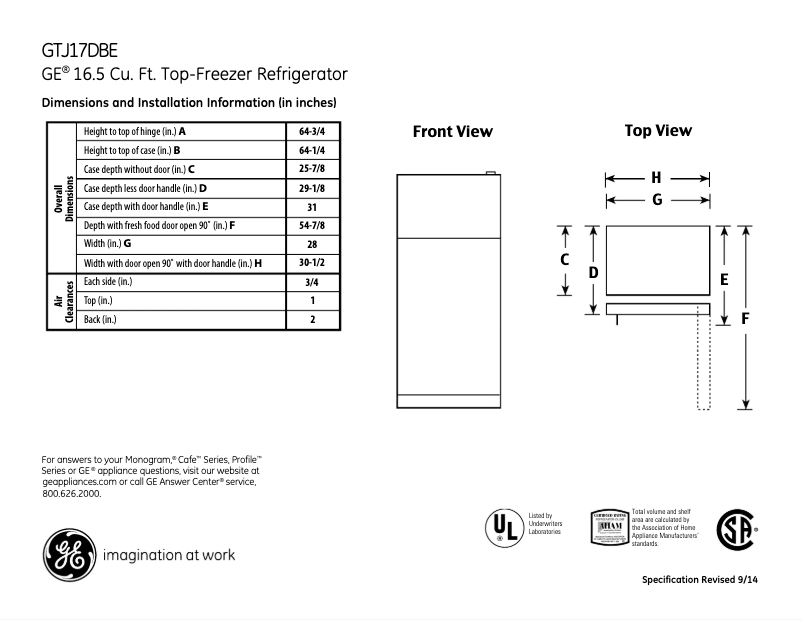 Page n°1 - Fiche technique GE GTJ17DBESA