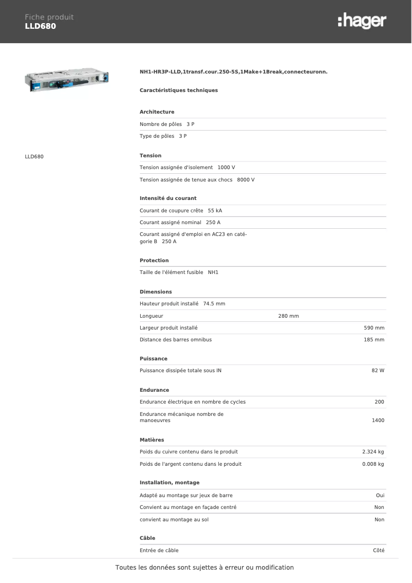 Page 1 de la notice Fiche technique Hager LLD680