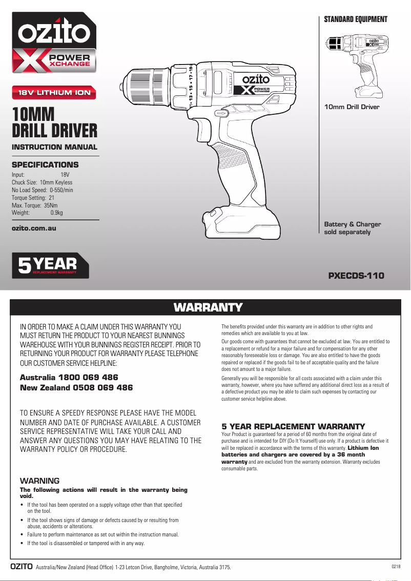 Page 1 de la notice Manuel utilisateur Ozito PXCDIK-400