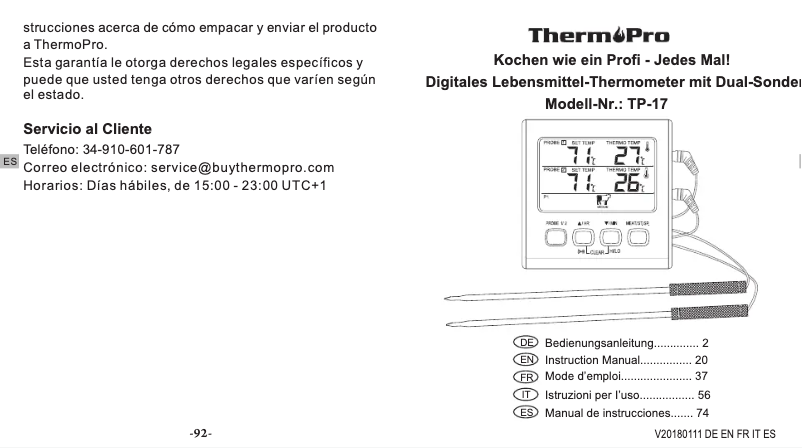 Page 1 de la notice Manuel utilisateur ThermoPro TP-17