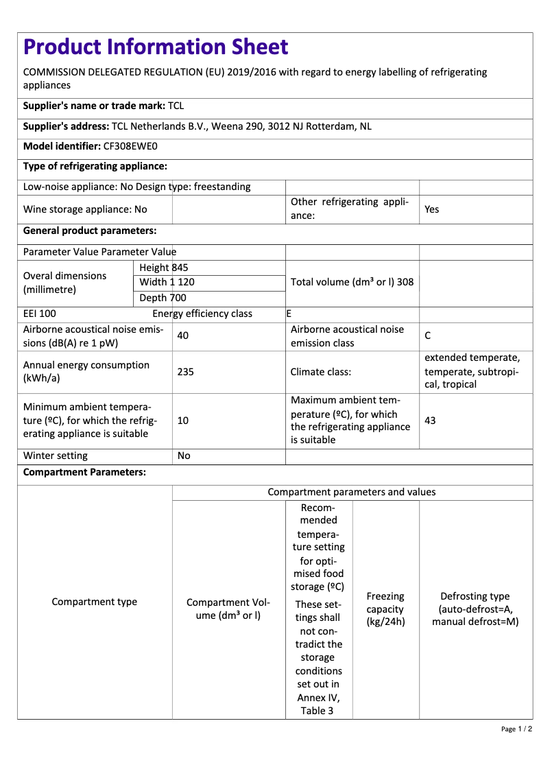 Page 1 de la notice Fiche technique TCL CF308EWE0