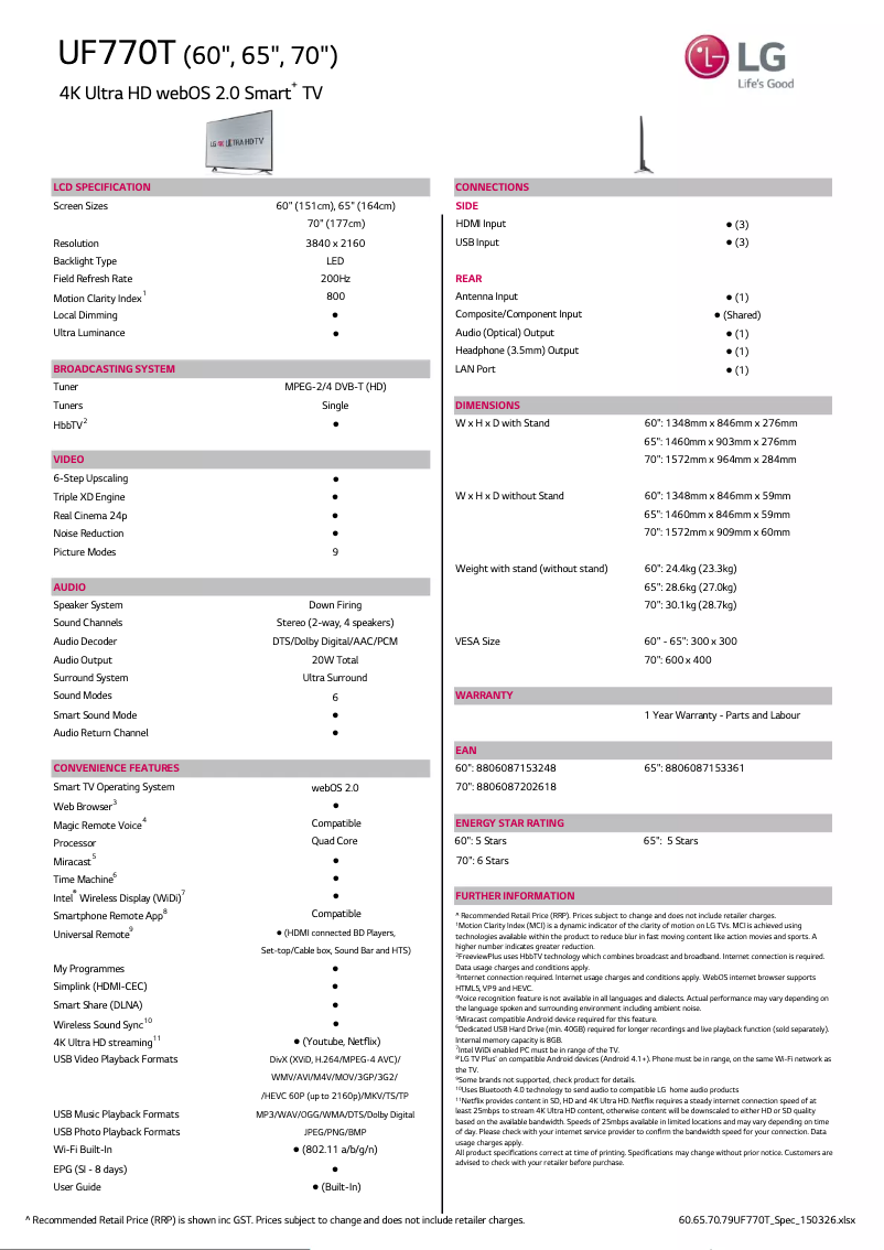 Page 1 de la notice Fiche technique LG 60UF770T