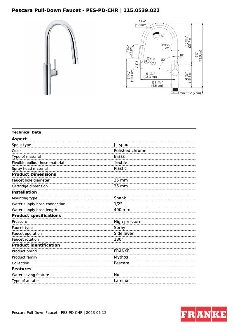 Page 1 de la notice Fiche technique Franke PES-PD-SNI