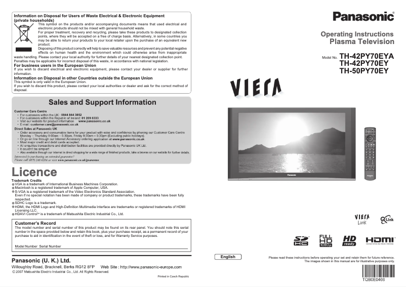 Page 1 de la notice Manuel utilisateur Panasonic Viera TH-42PY70EYA