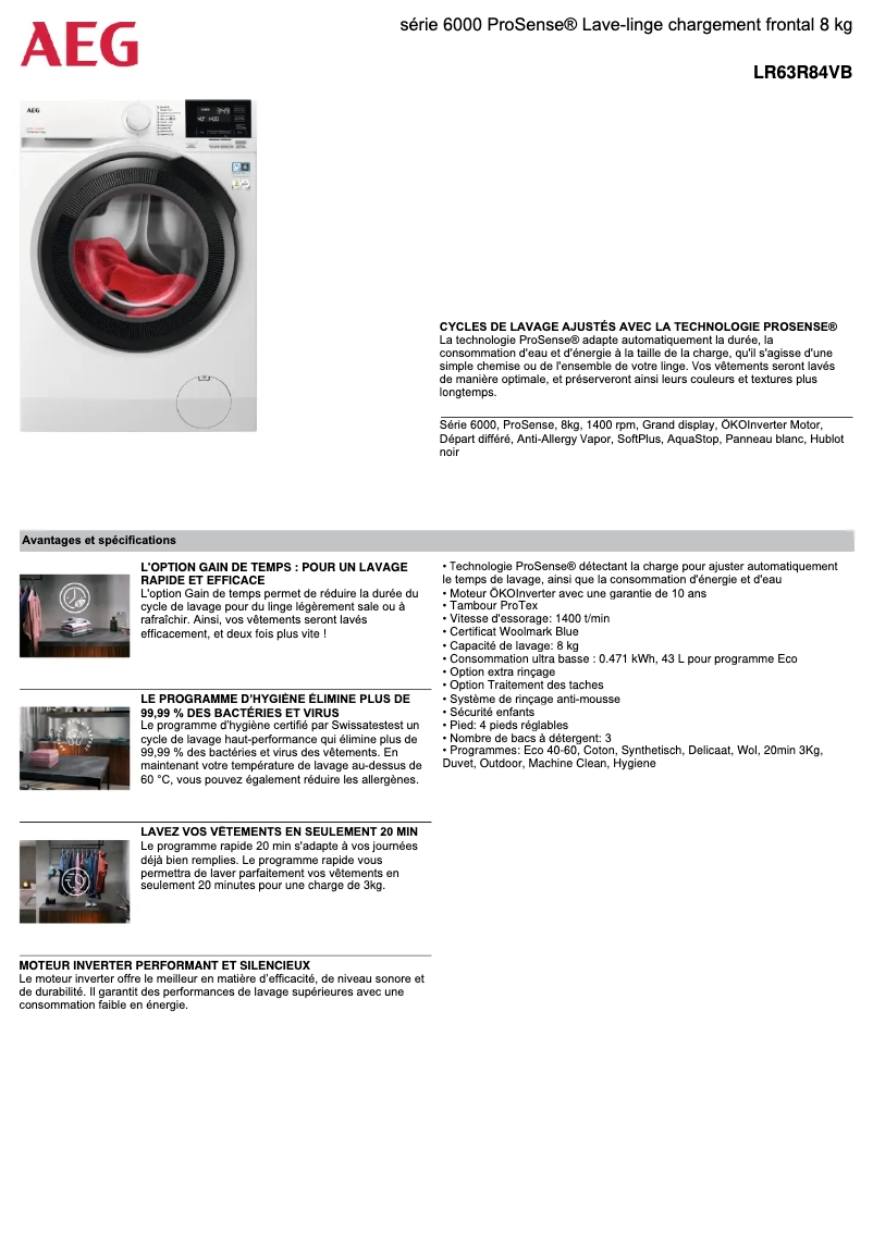Page 1 de la notice Fiche technique AEG LR63R84VB