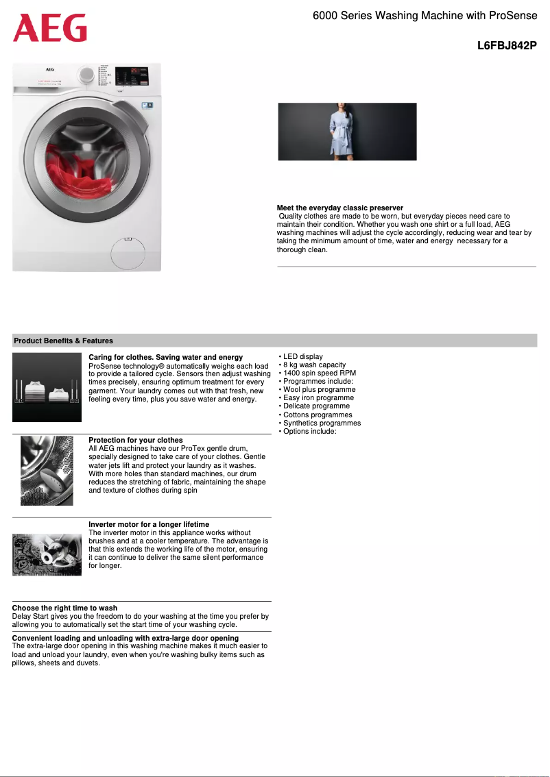 Page 1 de la notice Fiche technique AEG L6FBJ842P