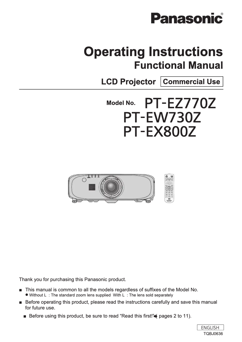 Page 1 of the manual User Manual Panasonic PT-EX800ZE