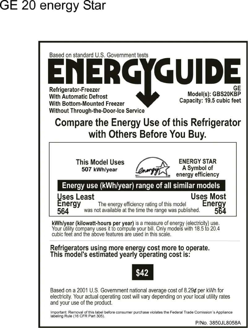 Página 1 del manual Etiqueta energética GE GBS20KBPBB
