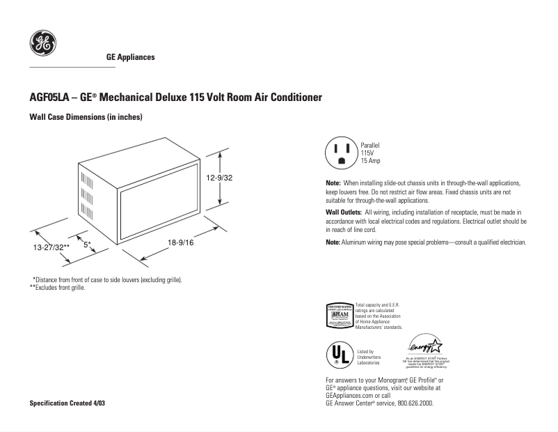 Página 1 del manual Ficha técnica GE AGF05LA