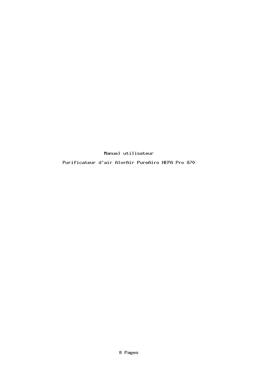 Page 1 de la notice Manuel utilisateur AlorAir PureAiro HEPA Pro 870
