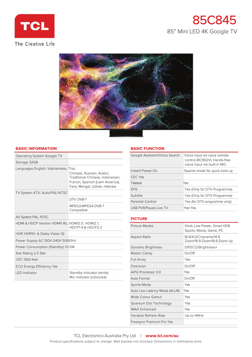 Página 1 del manual Ficha técnica TCL 85C845