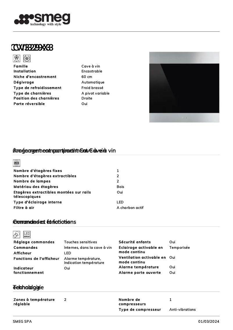 Page 1 de la notice Fiche technique Smeg CVI329X3