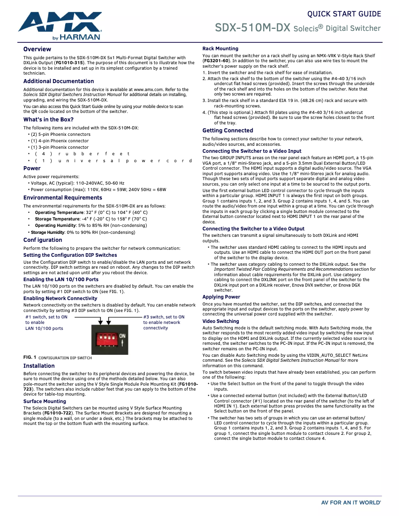 Page 1 de la notice Guide de démarrage rapide AMX SDX-510M-DX