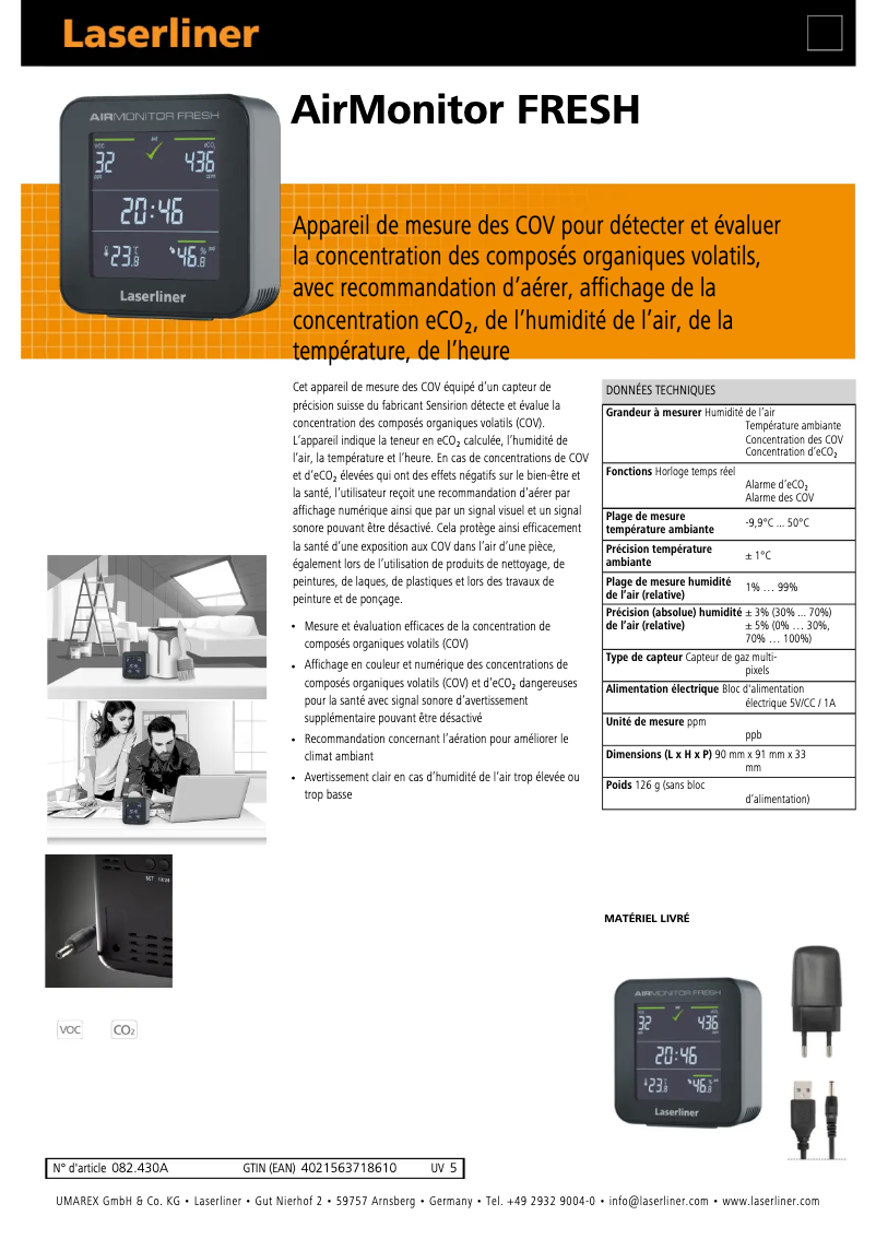 Page 1 de la notice Fiche technique Laserliner AirMonitor FRESH
