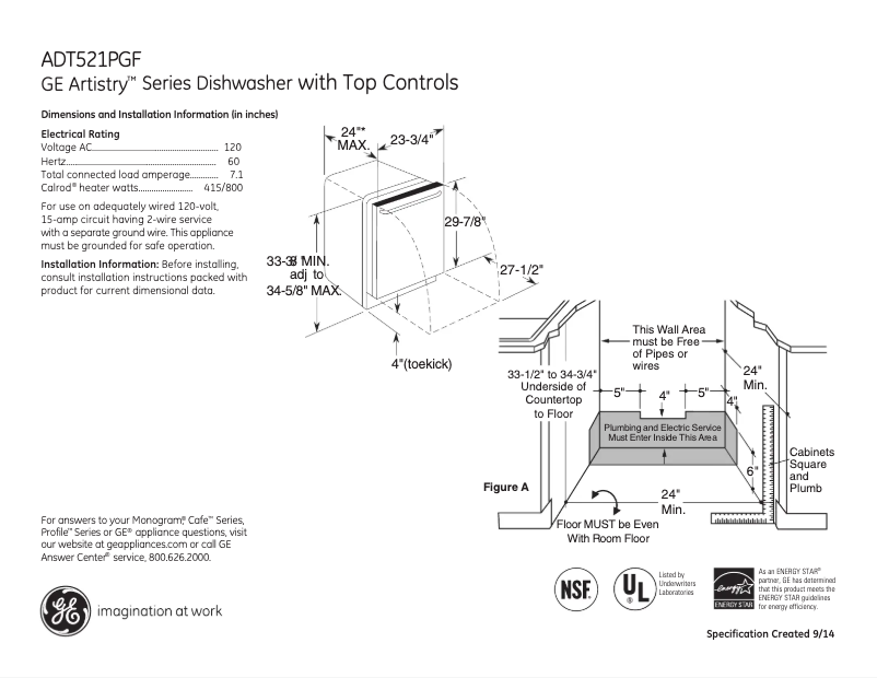 Página 1 del manual Ficha técnica GE ADT521PGFWS