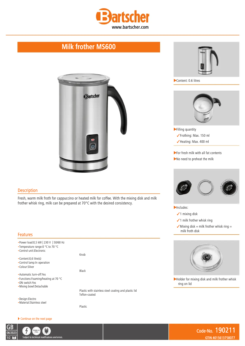 Página 1 del manual Ficha técnica Bartscher MS600