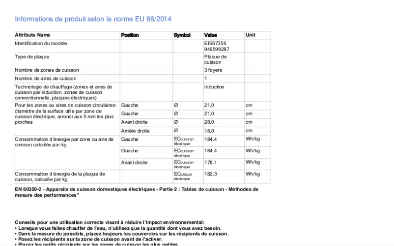 Page 1 de la notice Fiche technique Electrolux EIS67356