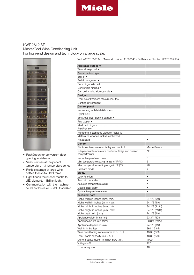 Page 1 de la notice Fiche technique Miele KWT 2612 SF