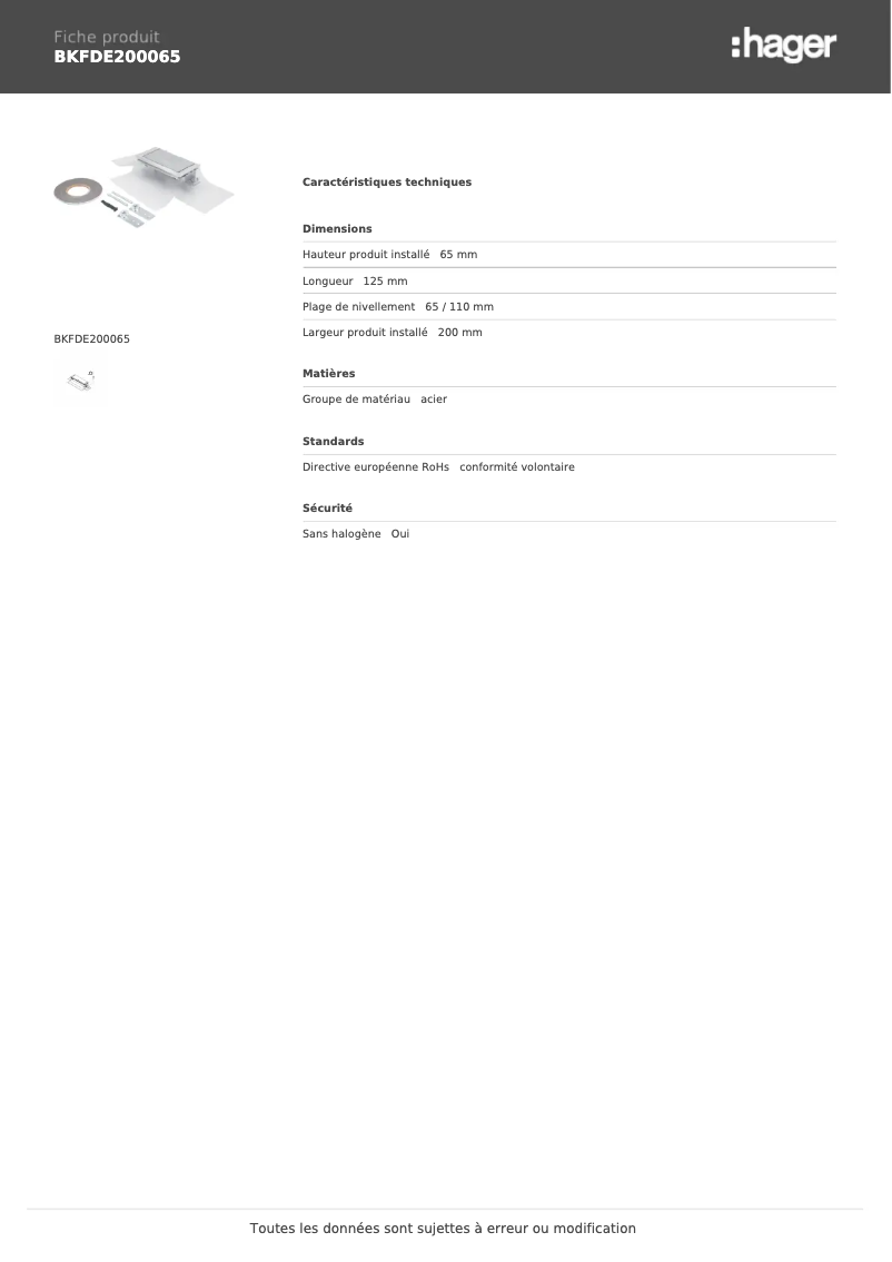 Page 1 de la notice Fiche technique Hager BKFDE200065