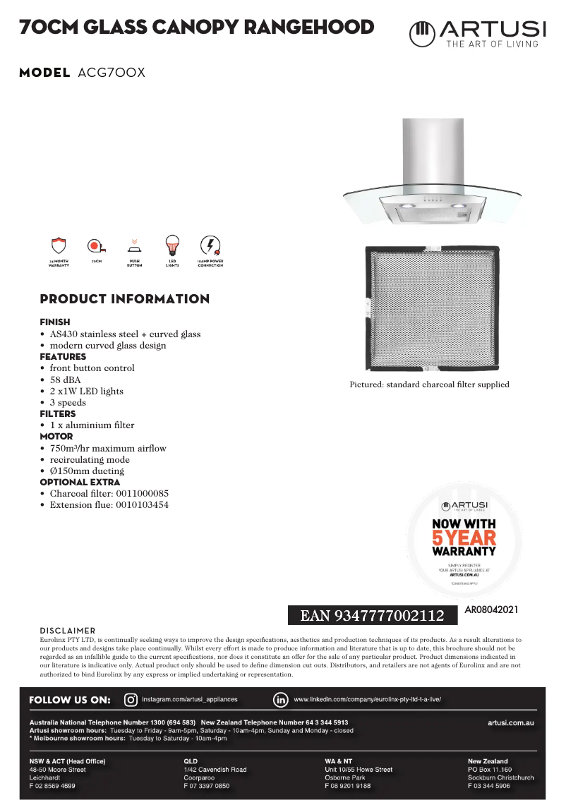 Page 1 de la notice Fiche technique Artusi ACG700X