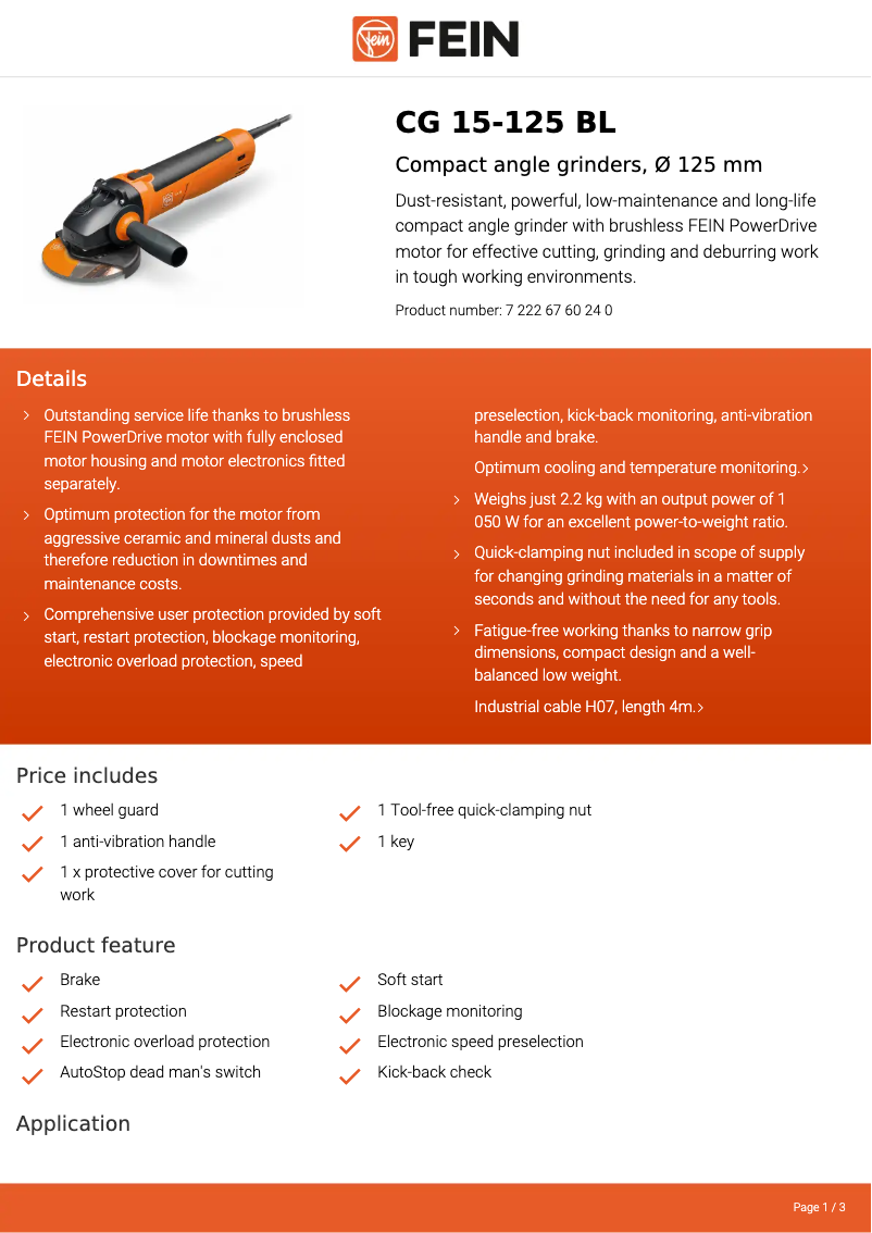Page 1 de la notice Fiche technique Fein CG 15-125 BL
