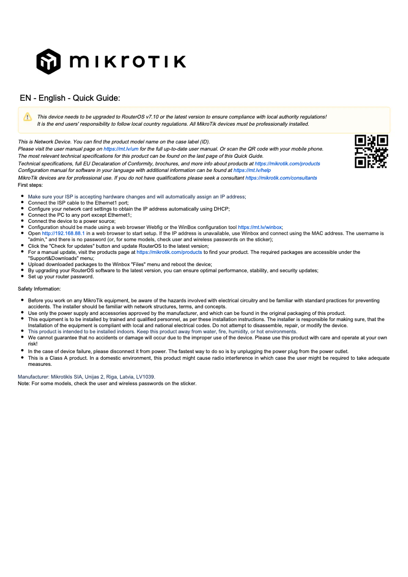 Page 1 de la notice Manuel utilisateur Mikrotik hEX PoE lite
