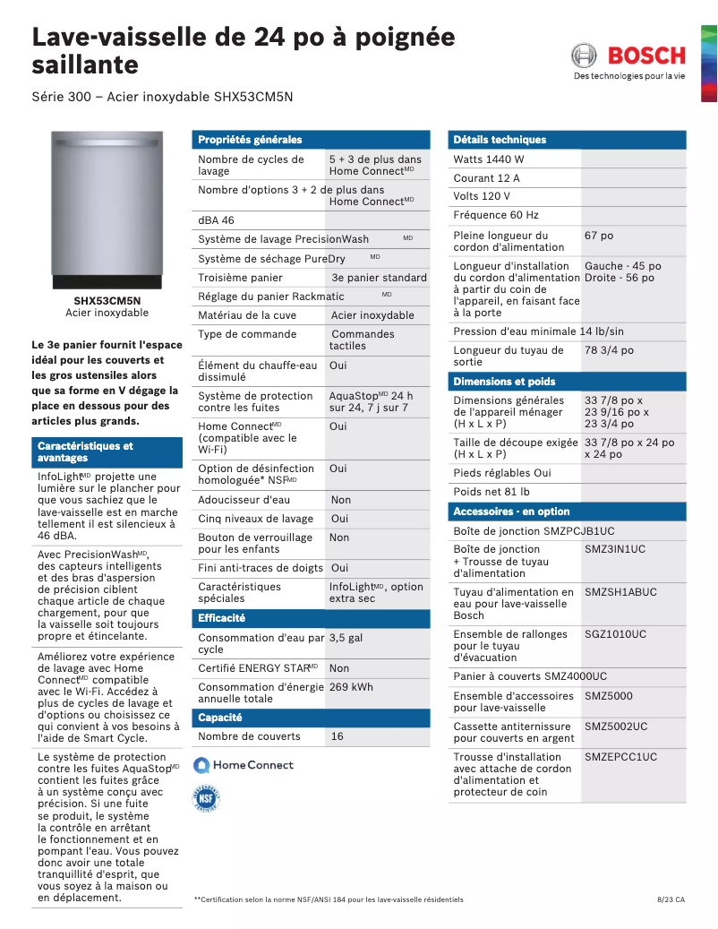 Page 1 de la notice Fiche technique Bosch SHX53CM5N