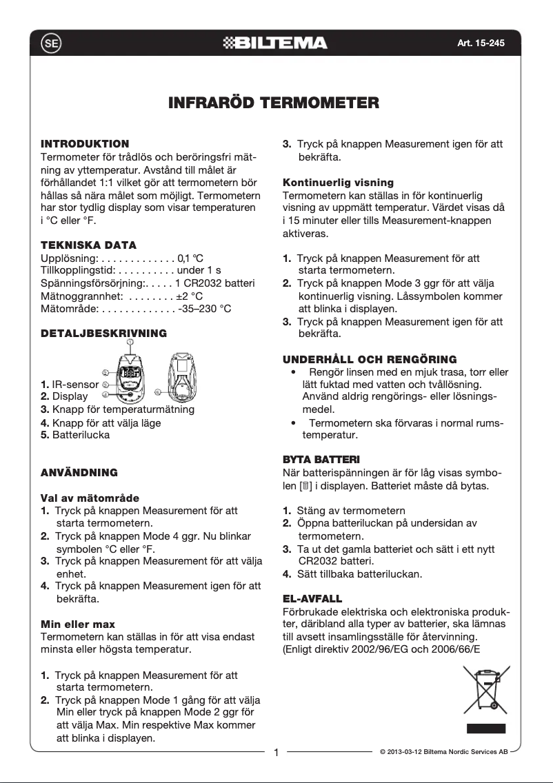 Page 1 de la notice Manuel utilisateur Biltema 15-245