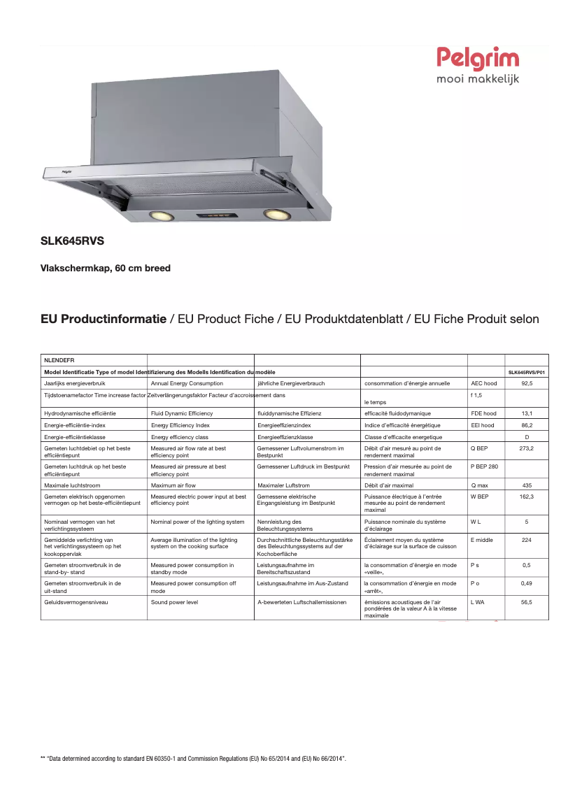 Page 1 de la notice Fiche technique Pelgrim SLK645RVS