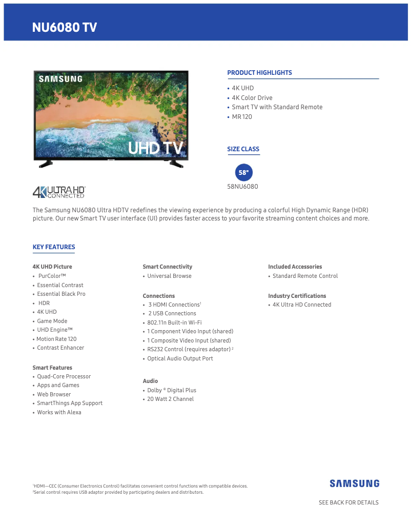 Página 1 del manual Ficha técnica Samsung UN58NU6080FXZA