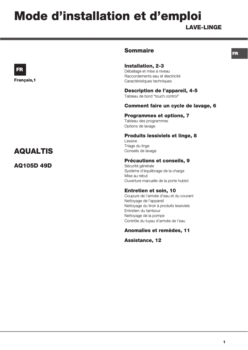 Página 1 del manual Manual de usuario Hotpoint AQ105D 49D FR