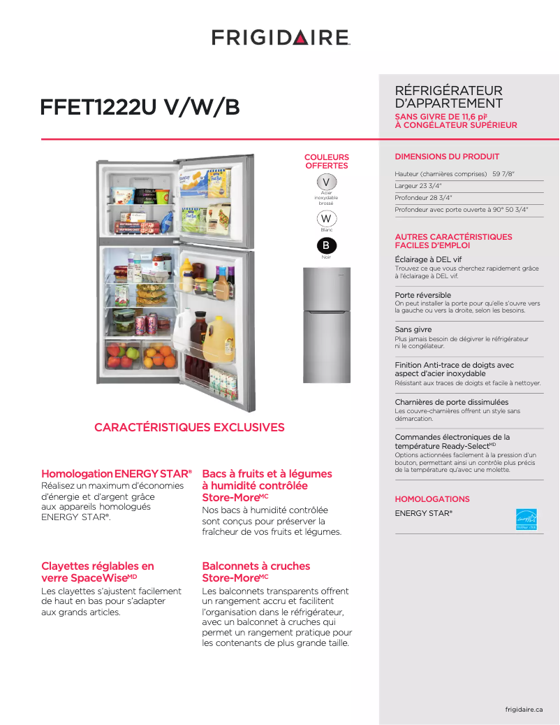 Page 1 de la notice Fiche technique Frigidaire FFET1222UW