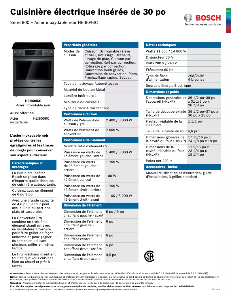 Page 1 of the manual Technical Sheet Bosch HEI8046C
