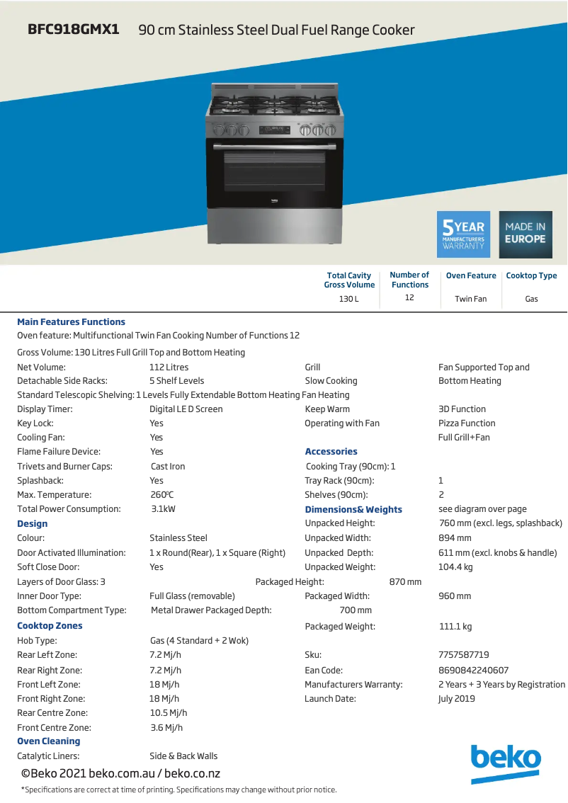 Page 1 de la notice Fiche technique Beko BFC918GMX1