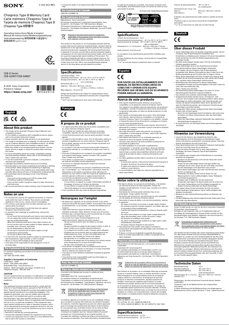 Page 1 de la notice Manuel utilisateur Sony CEB-G240T