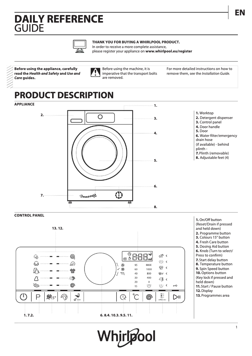 Página 1 del manual Manual de usuario Whirlpool FSCR 80210