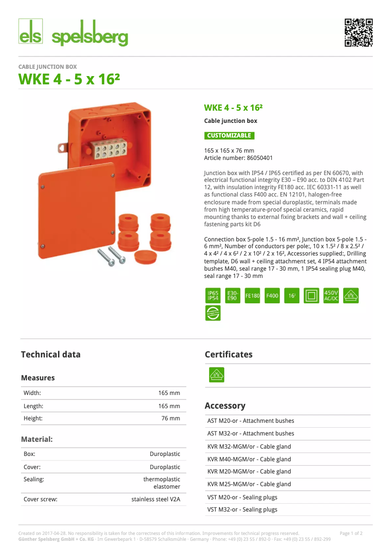 Page 1 de la notice Manuel utilisateur Spelsberg WKE 4 - 5 x 16²