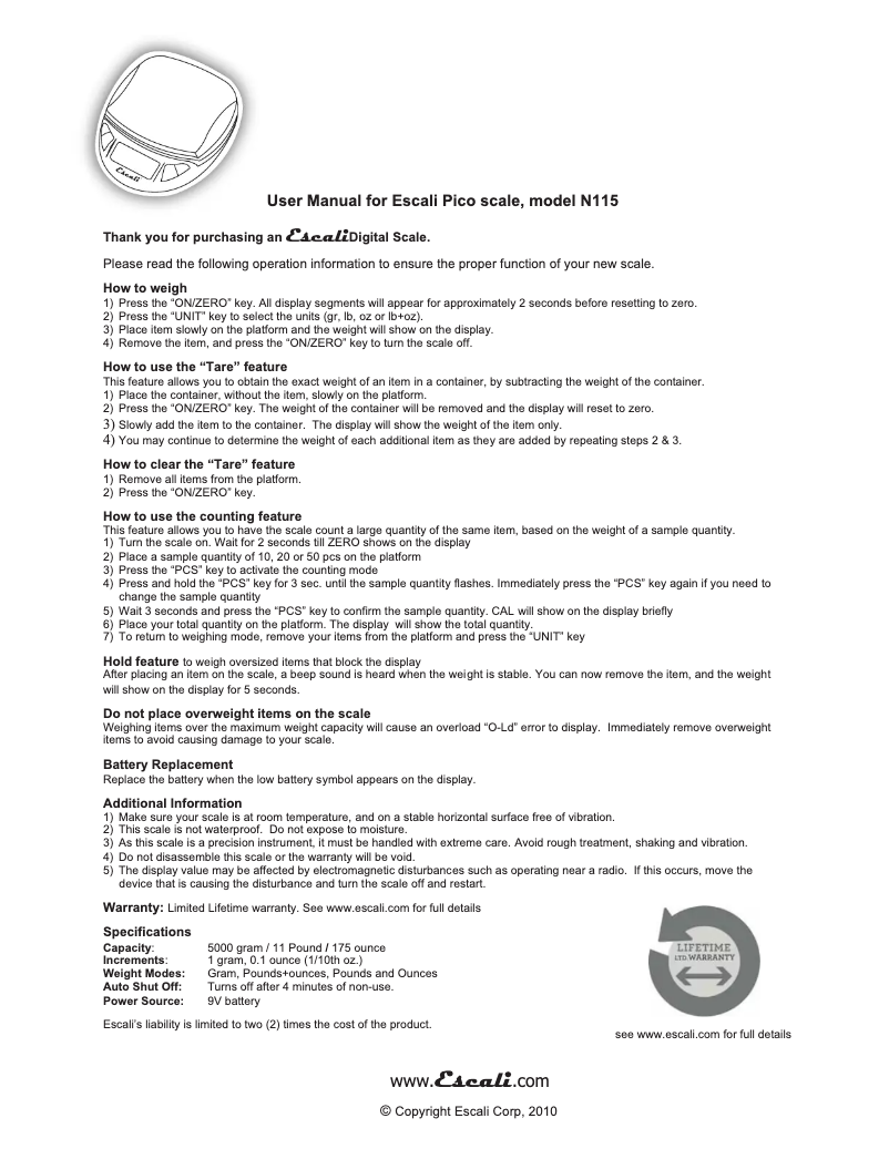 Page 1 de la notice Manuel utilisateur Escali Pico N115