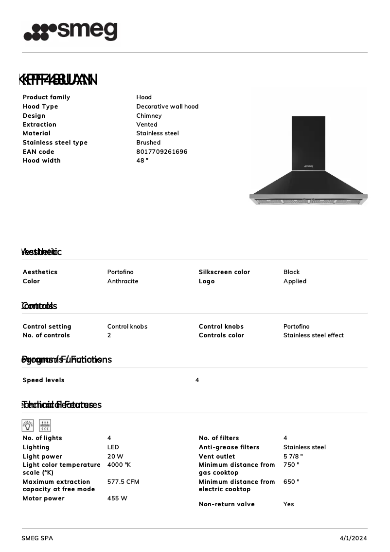 Página 1 del manual Ficha técnica Smeg KPF48UAN